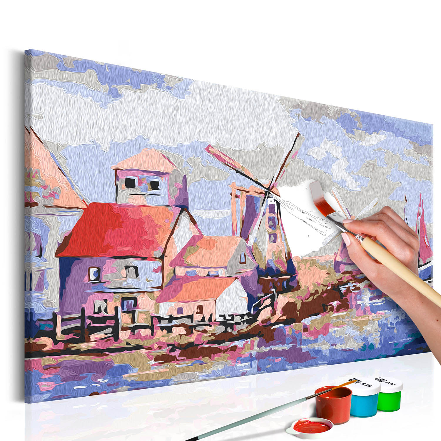 Multifarvet Artgeist Diy Lærred Maleri Windmills Landsby 60x40 - Artgeist Maleri  - 5903301902569