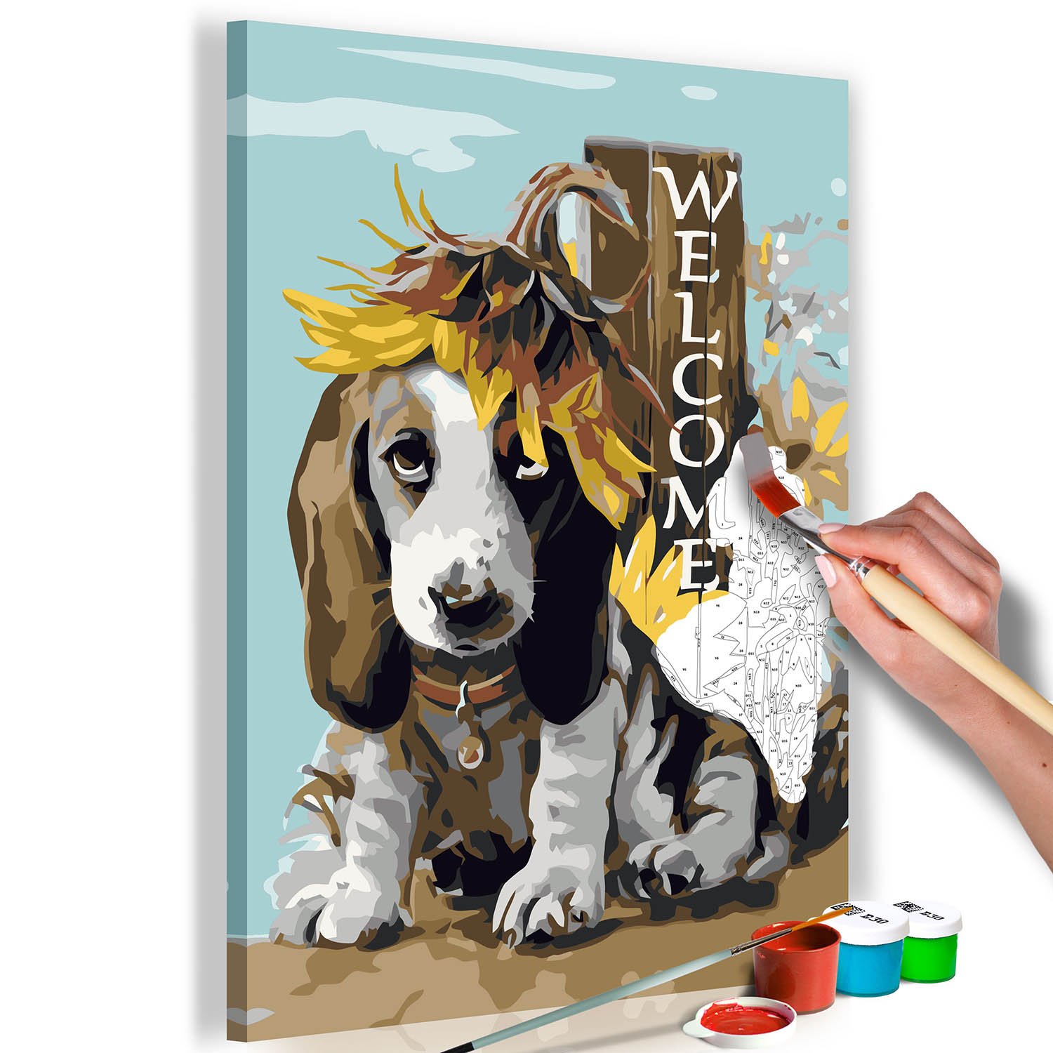 Multifarvet Artgeist Diy Lærred Maleri Dog And Sunflowers 60x40 - Artgeist Maleri  - 5903301903191