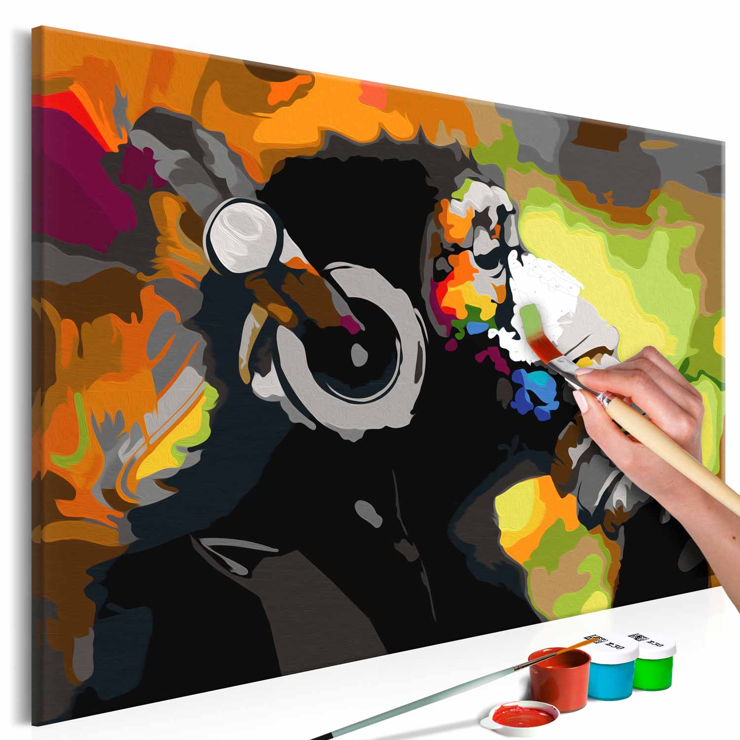 Hvid Artgeist Diy Monkey Headphones Multi Colour Maleri T Lærred Maling Pensler 60x40 - Artgeist Maleri
